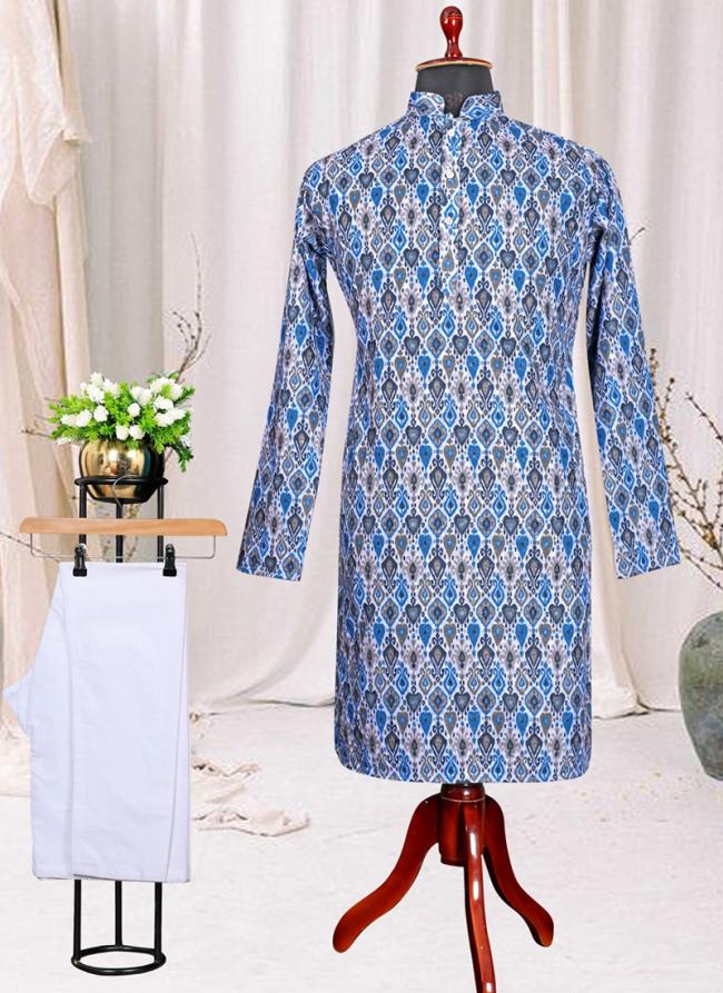 Rayon Blue Traditional Wear Schiffli Work Kurta Pajama